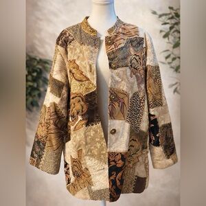 Vintage Indigo Moon Patchwork Tapestry Jacket Size Large Boho Earth Tone